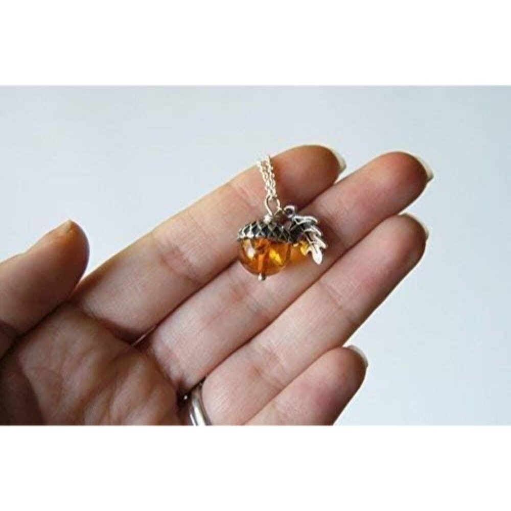 Orange and Silver Acorn Necklace - Fall Orange Acorn Pendant- Cute Nature Charm - Picture 9 of 9